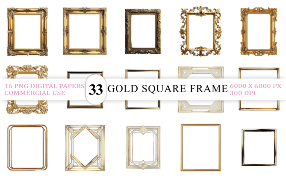 Elevate Your Brand with the 16 Gold Square Frame PNG Bundle