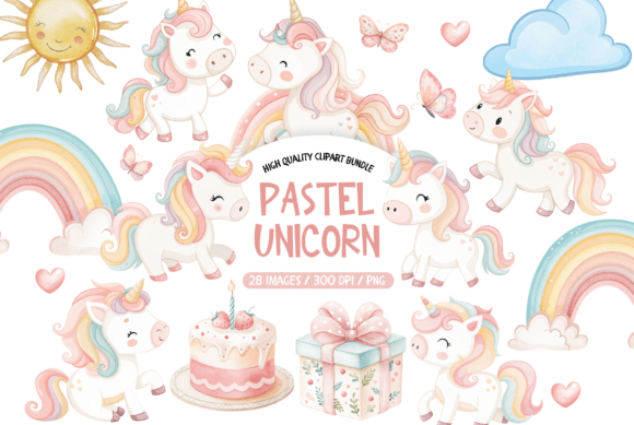 Enchanting Pastel Unicorn Clipart Bundle for Whimsical Designs