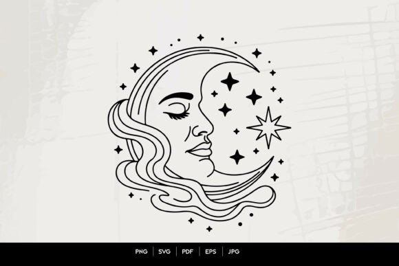 Exploring the Mystical Appeal of Celestial Moon Face Line Art SVG