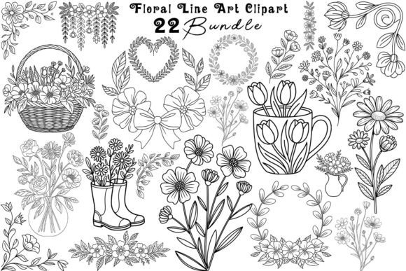 Floral Line Art Clipart Bundle: 22 Designs for Creative Projects