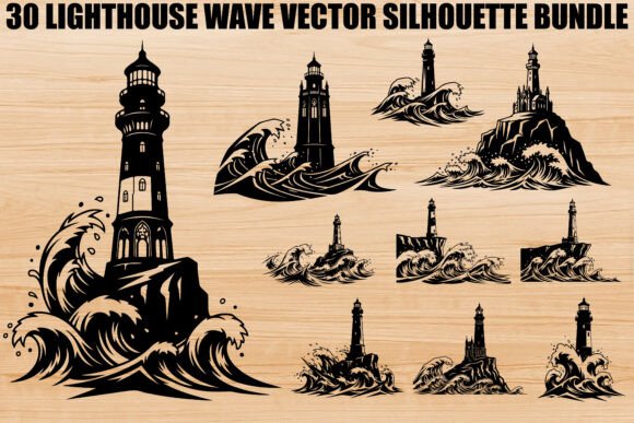 Lighthouse Wave Silhouette Bundle: Nautical Design Assets